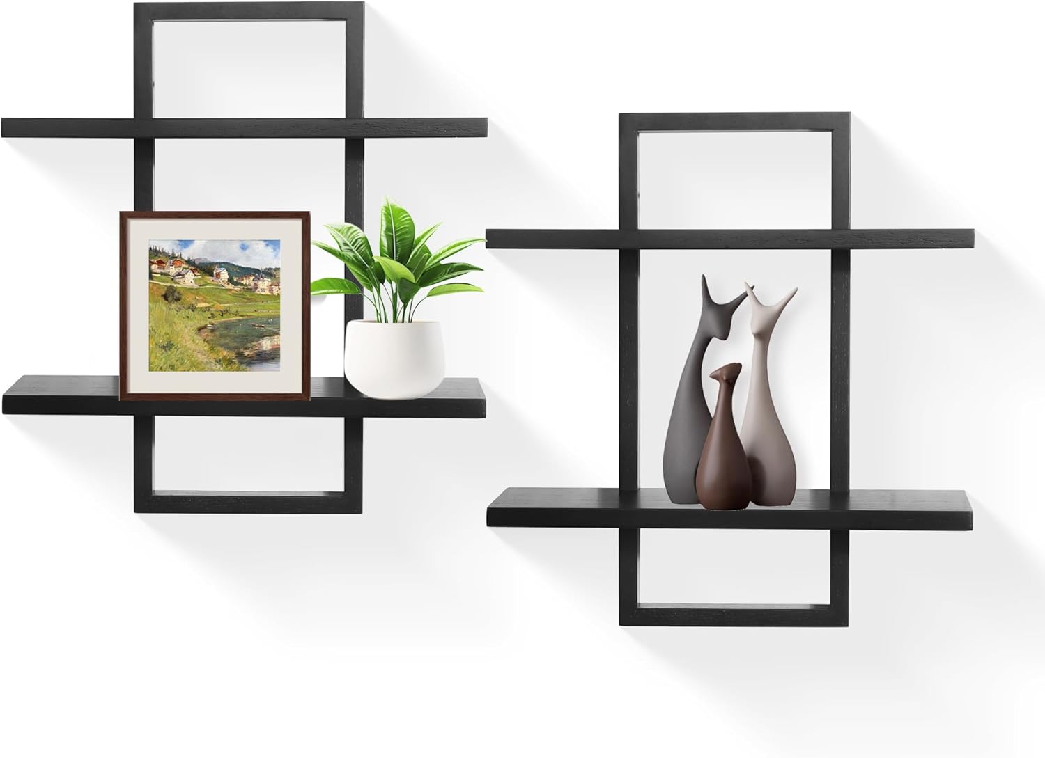 PHOENANCEE Floating Shelves Set of 2 Modern 2-Tier Black Oak Wall Display