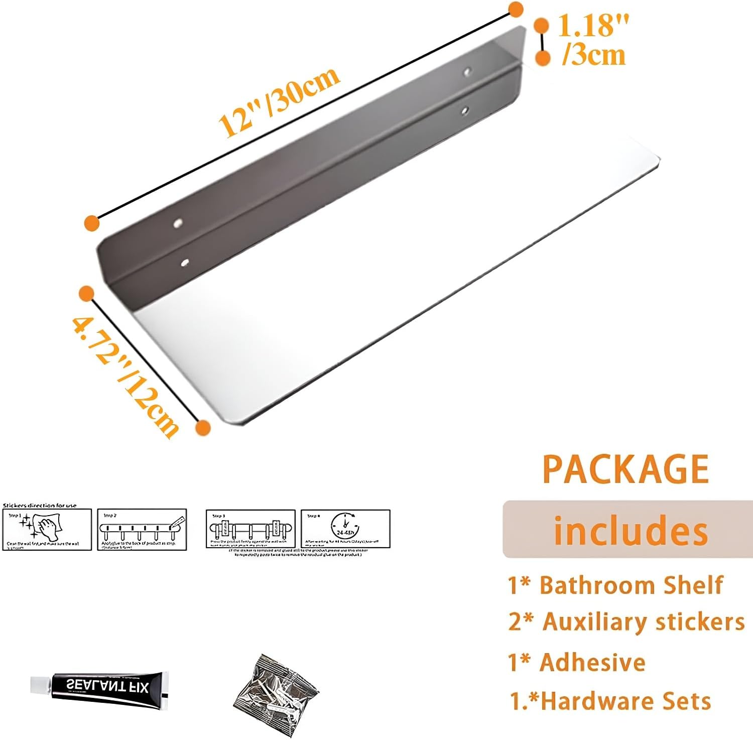 12 Inch Stainless Steel Wall Mounted Floating Shelf with 2 Levels