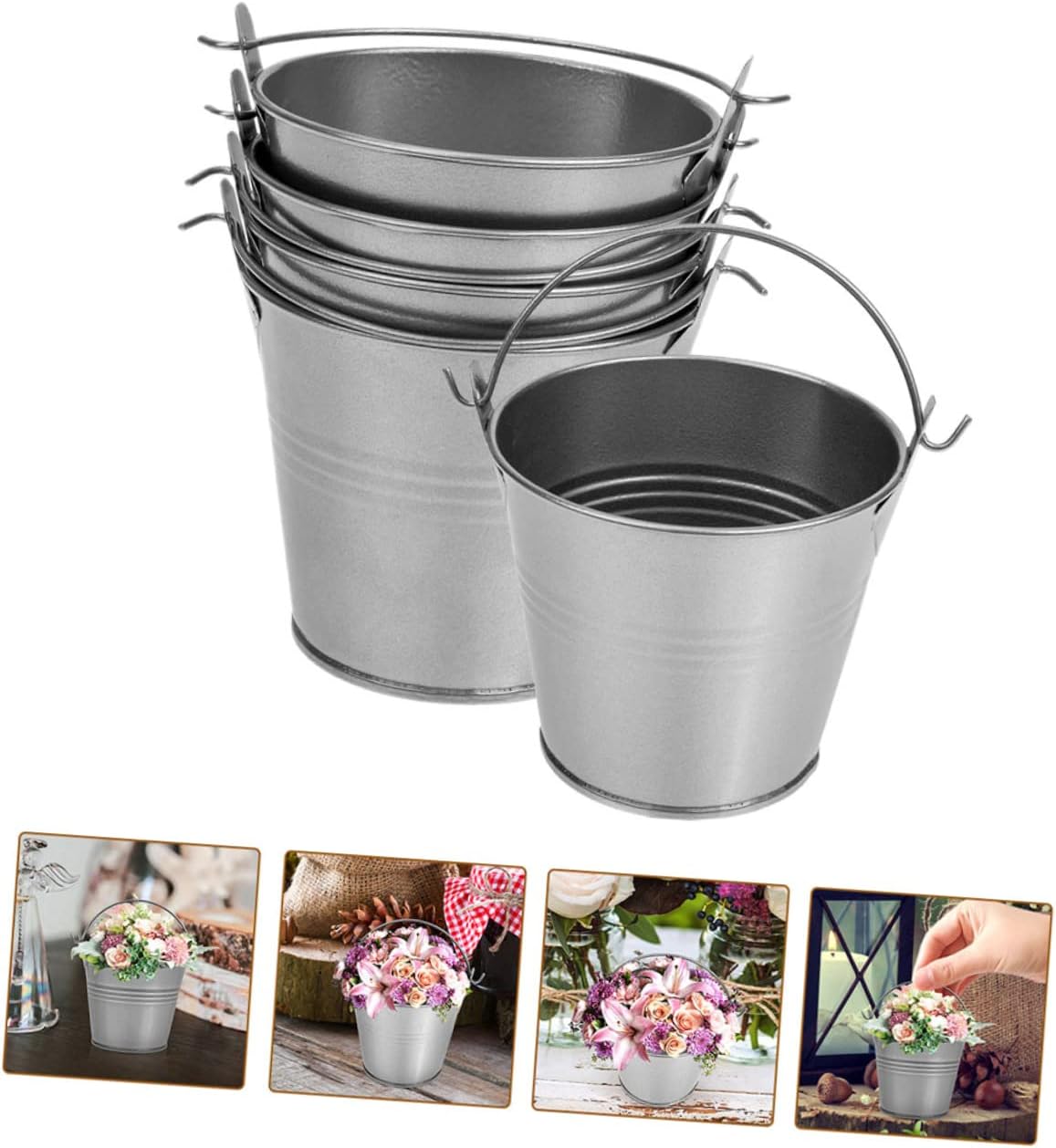 POPETPOP 5pcs Vintage Iron Flower Bucket Planter with Rustic Tin Handles for Home Decor