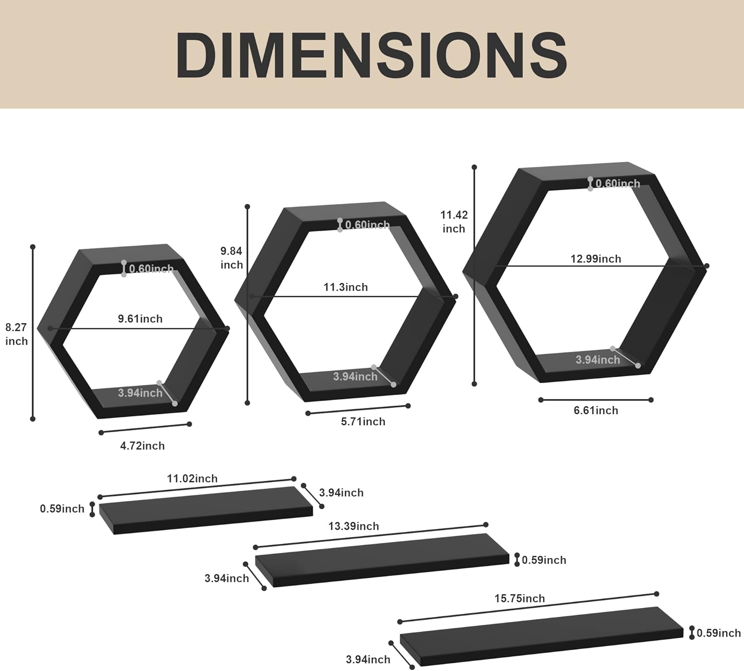 Ecowillon Hexagon Floating Shelves Set of 6 Black