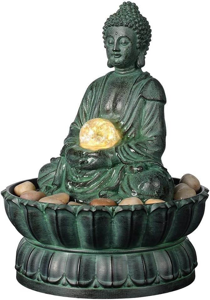 Indoor Tabletop Zen Fountain Buddha Statue with LED Light and Glass Ball