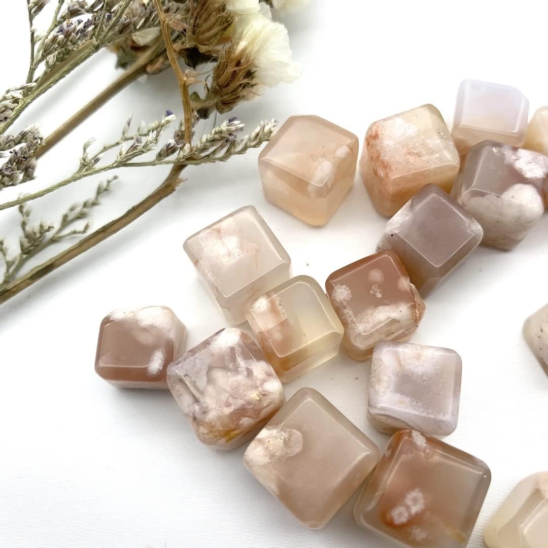 1pc Natural Cherry Blossom Agate Cube Crystal Decor Stone