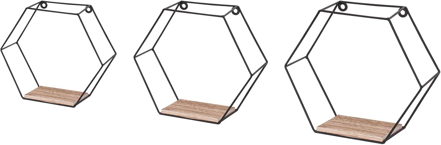 DRNCURN Hexagon Floating Shelves Wall Mounted Metal Set of 3 Honeycomb Dcor for Home