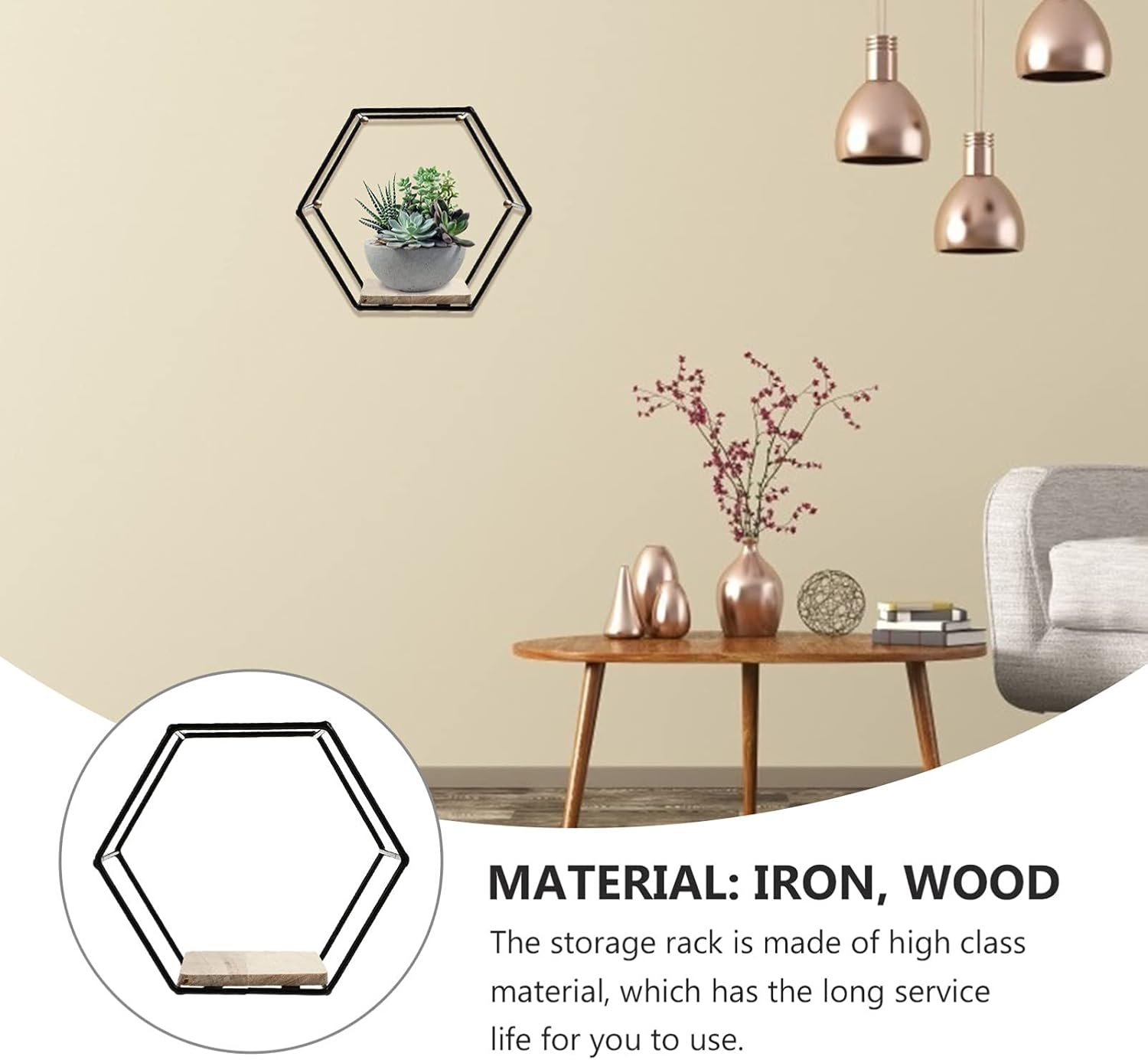 Happyyami Black Iron Hexagon Wall Mounted Storage Shelf