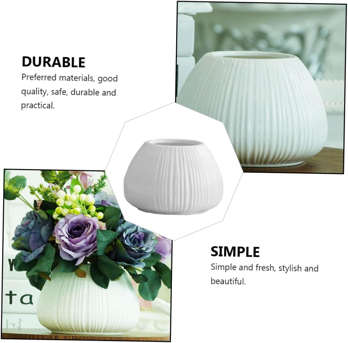 1 Pc Elegant Ceramic Flower Vase with Vertical Stripes