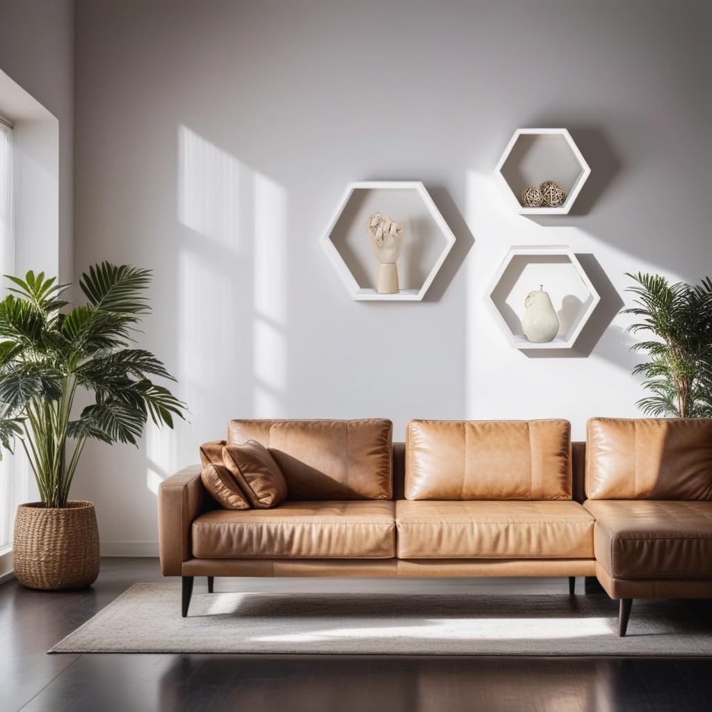 ROSE BLOOM Set of 3 White Wood Hexagon Shelves for Wall Decor