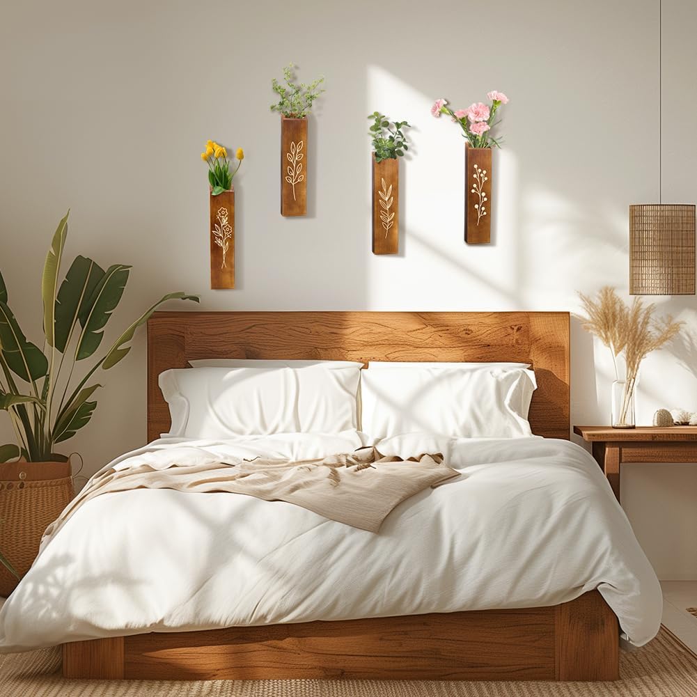 Peacoblue 4 Pack Wall Planters Solid Wood Indoor Decor with Black Finish for Dried Flowers and Faux Greenery