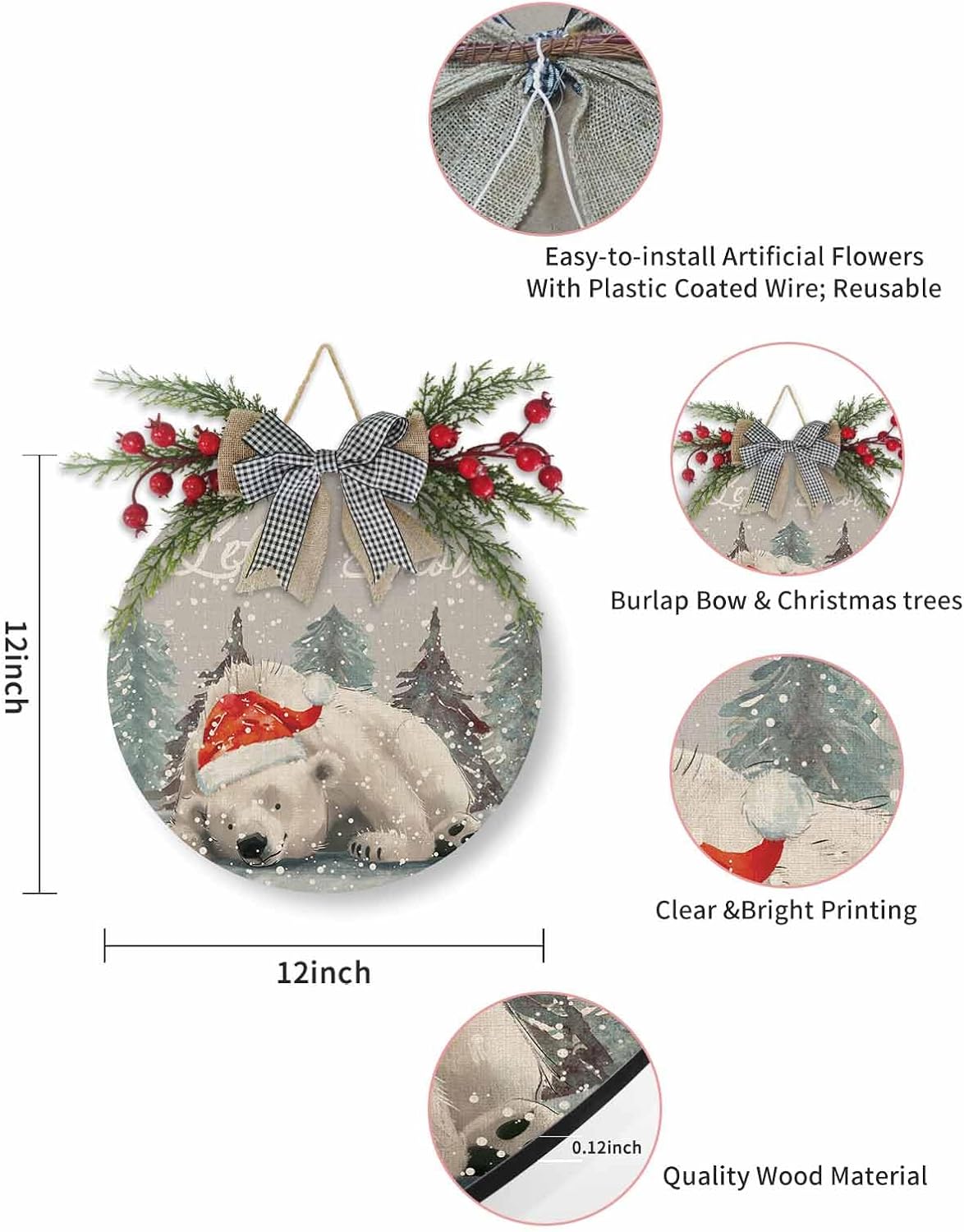 Welcome Sign Christmas Wreath Decor Santa Hat Bear Wood Wall Decor