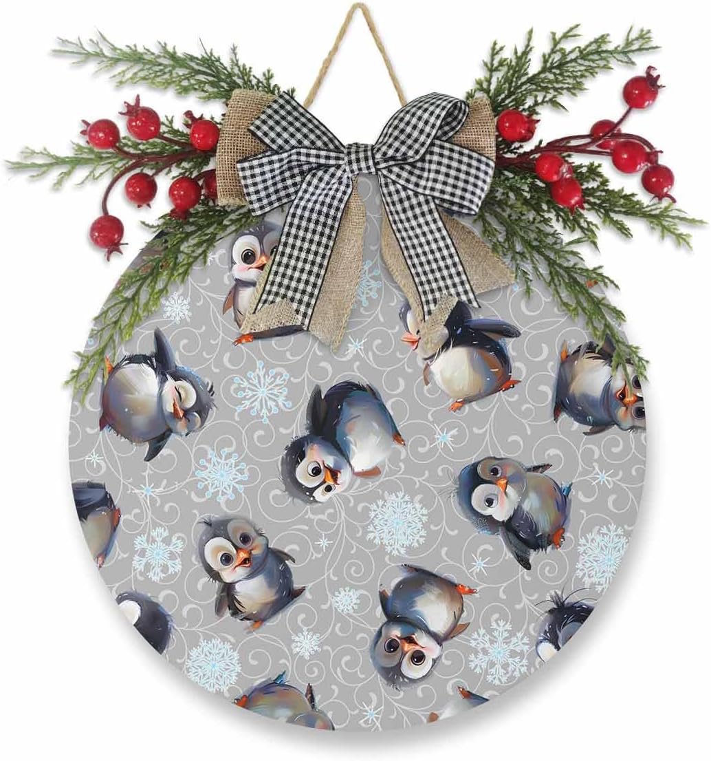 Cute Christmas Welcome Sign with Penguin Wreath Decor