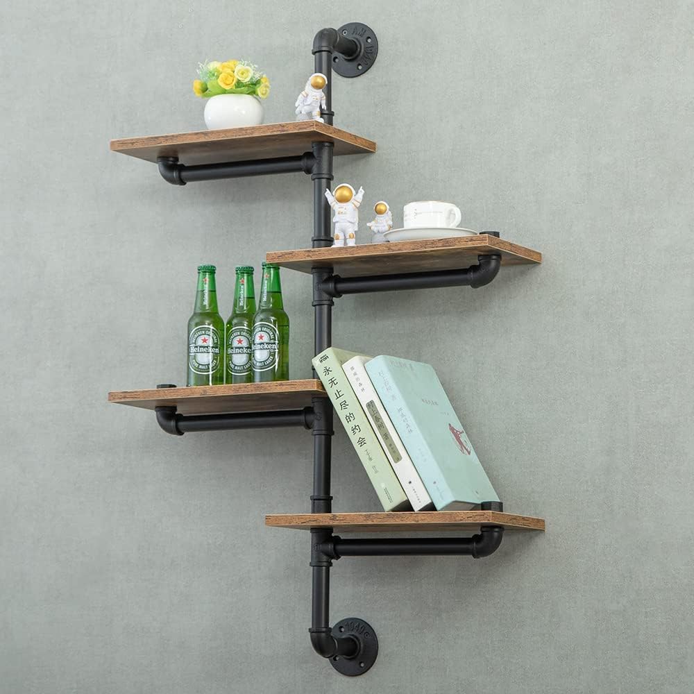 Industrial Pipe Shelving with Wood Planks Corner Floating Wall Mounted Shelf for Bar Kitchen Living Room