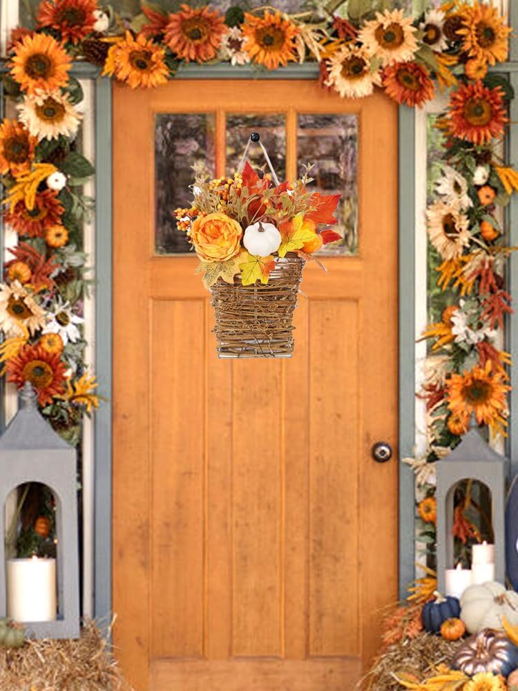 Fall Door Wreath with Peony and Pumpkin Decor