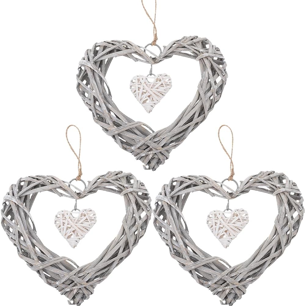 3Pcs Wicker Heart Wreath for Wall Hanging Rustic Decor