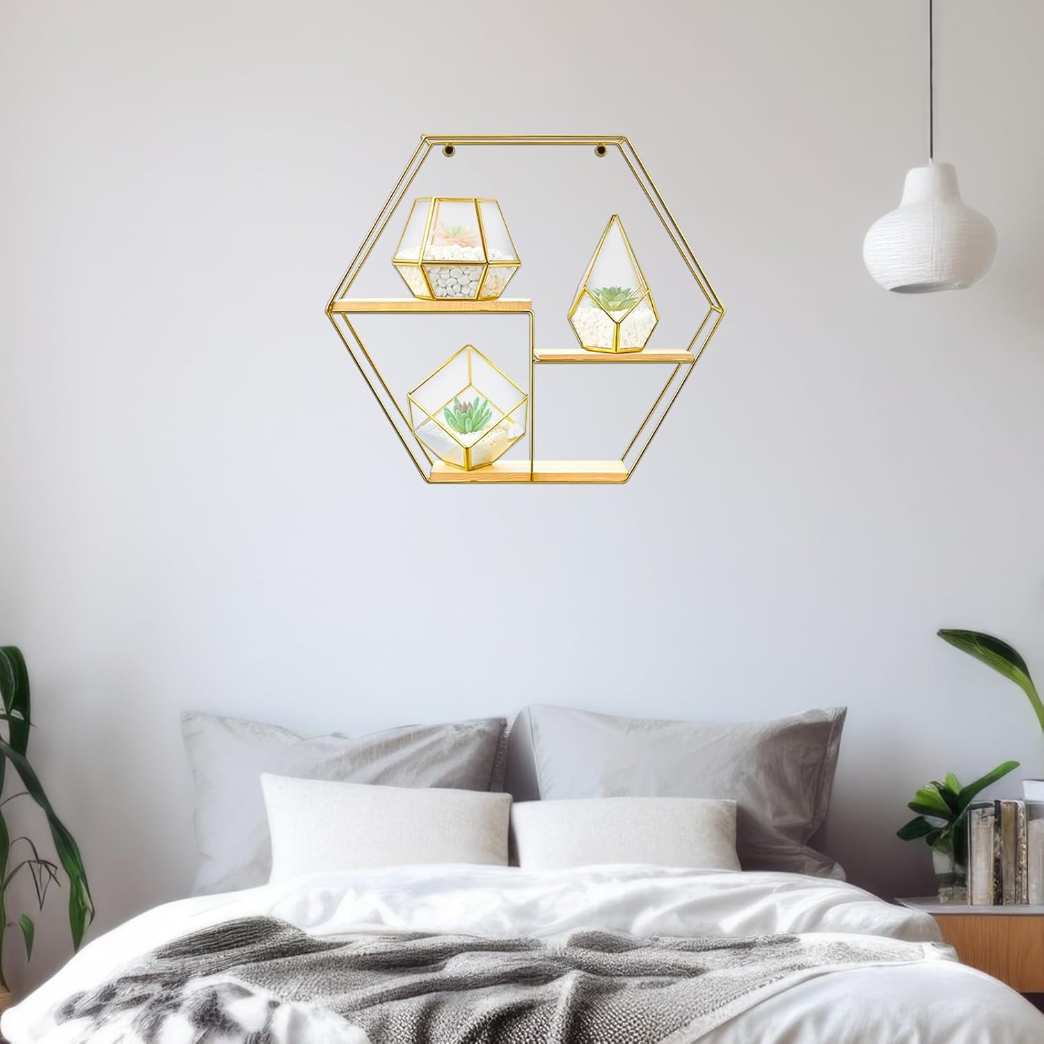 Hexagonal Metal Wall Shelves with 3 Glass Planter Sets