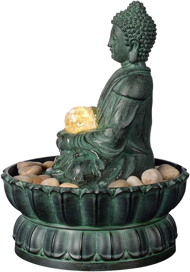 Indoor Tabletop Zen Fountain Buddha Statue with LED Light and Glass Ball