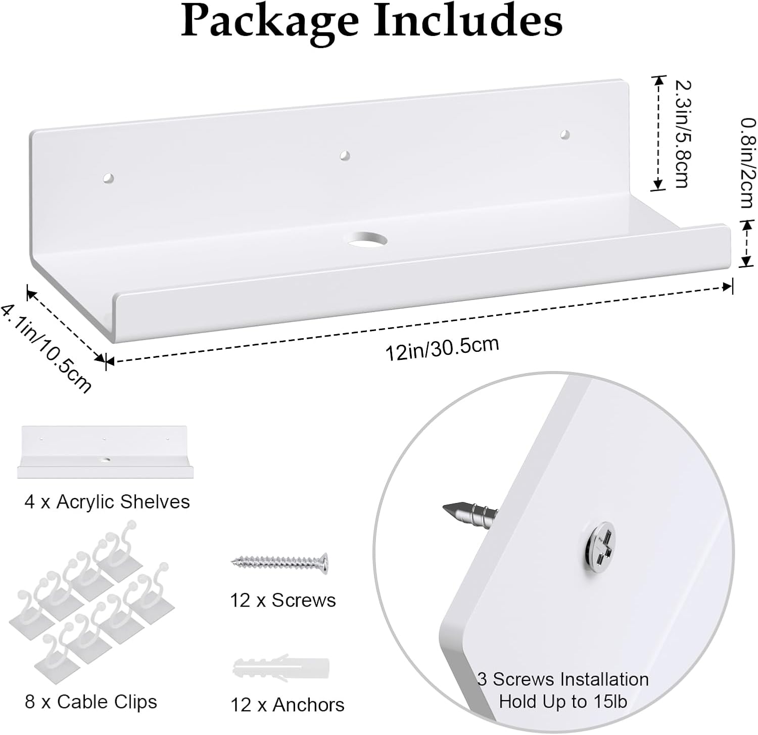 12 Inch Clear Floating Shelves 4 Pack with Cable Clips