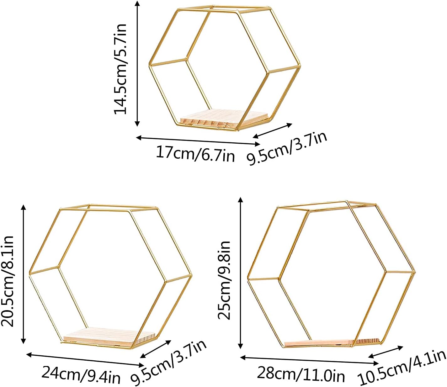 3Pcs Gold Hexagonal Floating Shelves Wall Decor