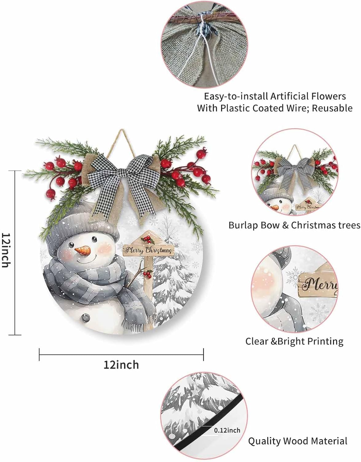 Welcome Sign Christmas Wreath Decorations Snowman Wood Wall Decor
