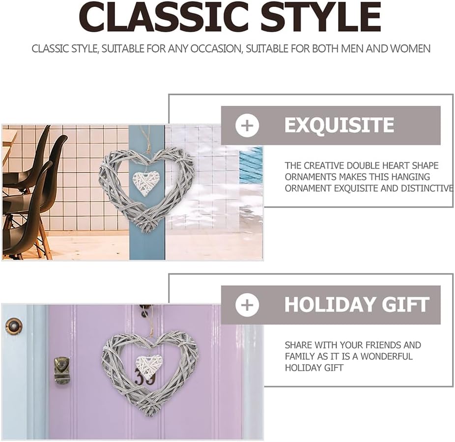 3Pcs Wicker Heart Wreath for Wall Hanging Rustic Decor
