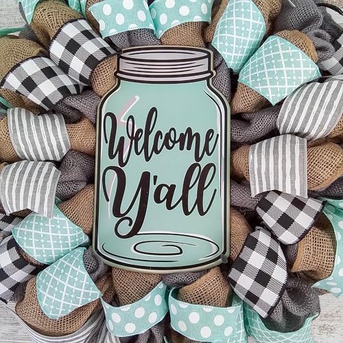 Welcome Yall Mason Jar Wreath with Grey Burlap