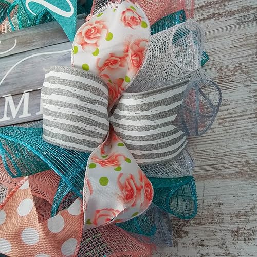 Home Sweet Home Wreath Coral Grey Turquoise Spring Everyday Door Wreath White Rustic