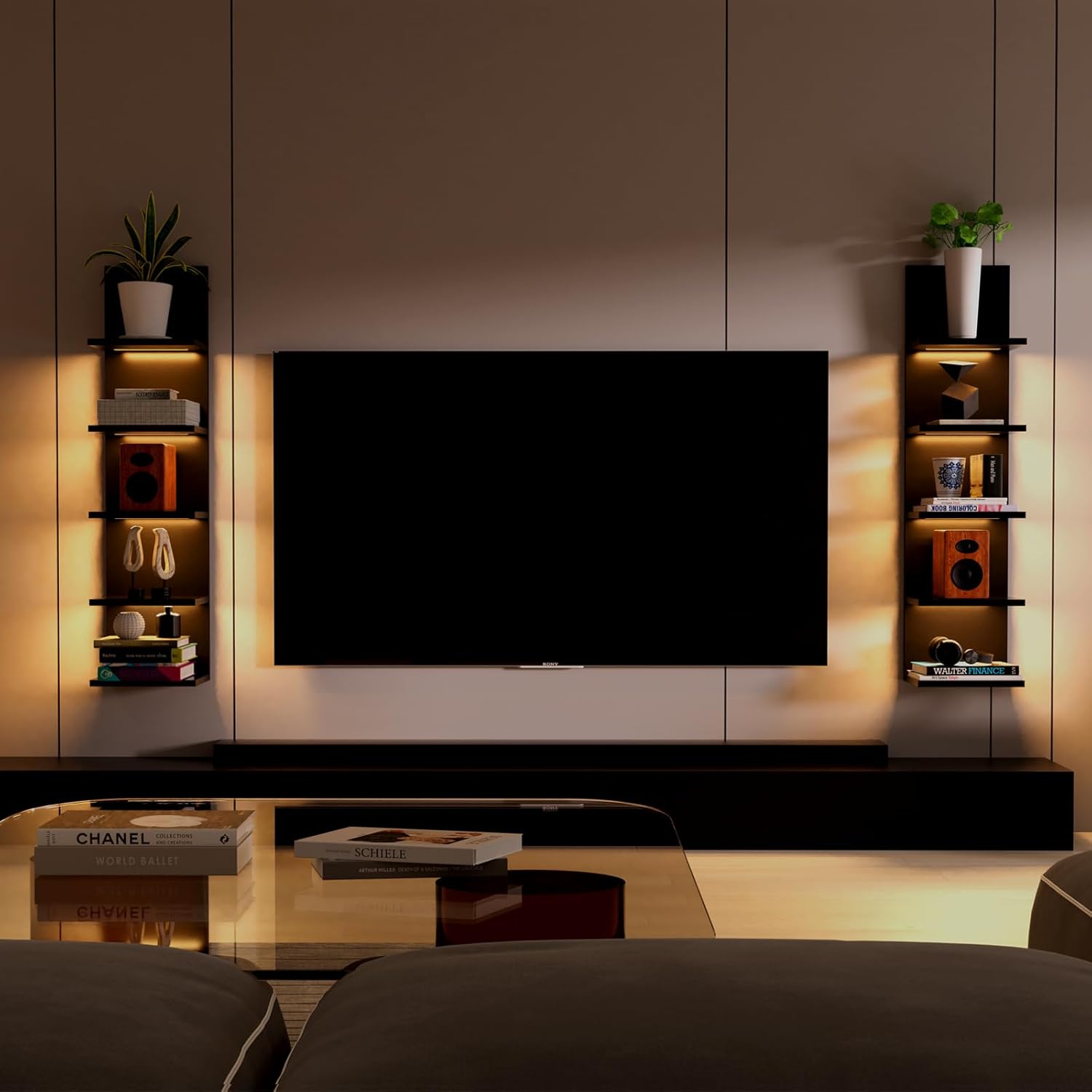 5 Tier Wall Shelves with LED Light Floating Storage Design Modern Home Decor Organizer Black