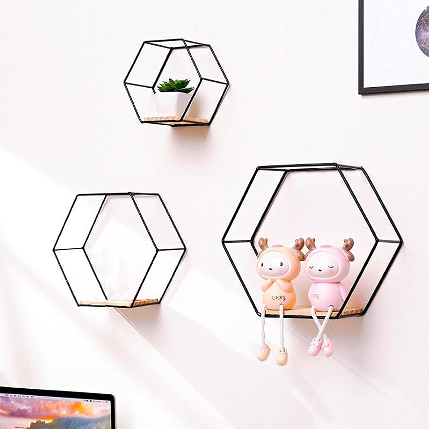 PerGar Hexagon Floating Shelves Set of 3 Black Modern Metal Wall Shelf