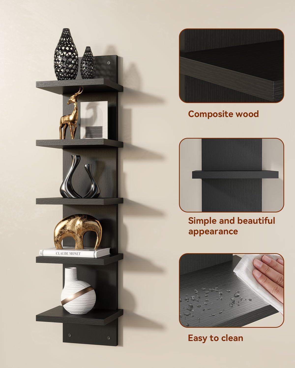 IBUYKE 5 Tier Wall Shelf Unit Black Vertical Shelf