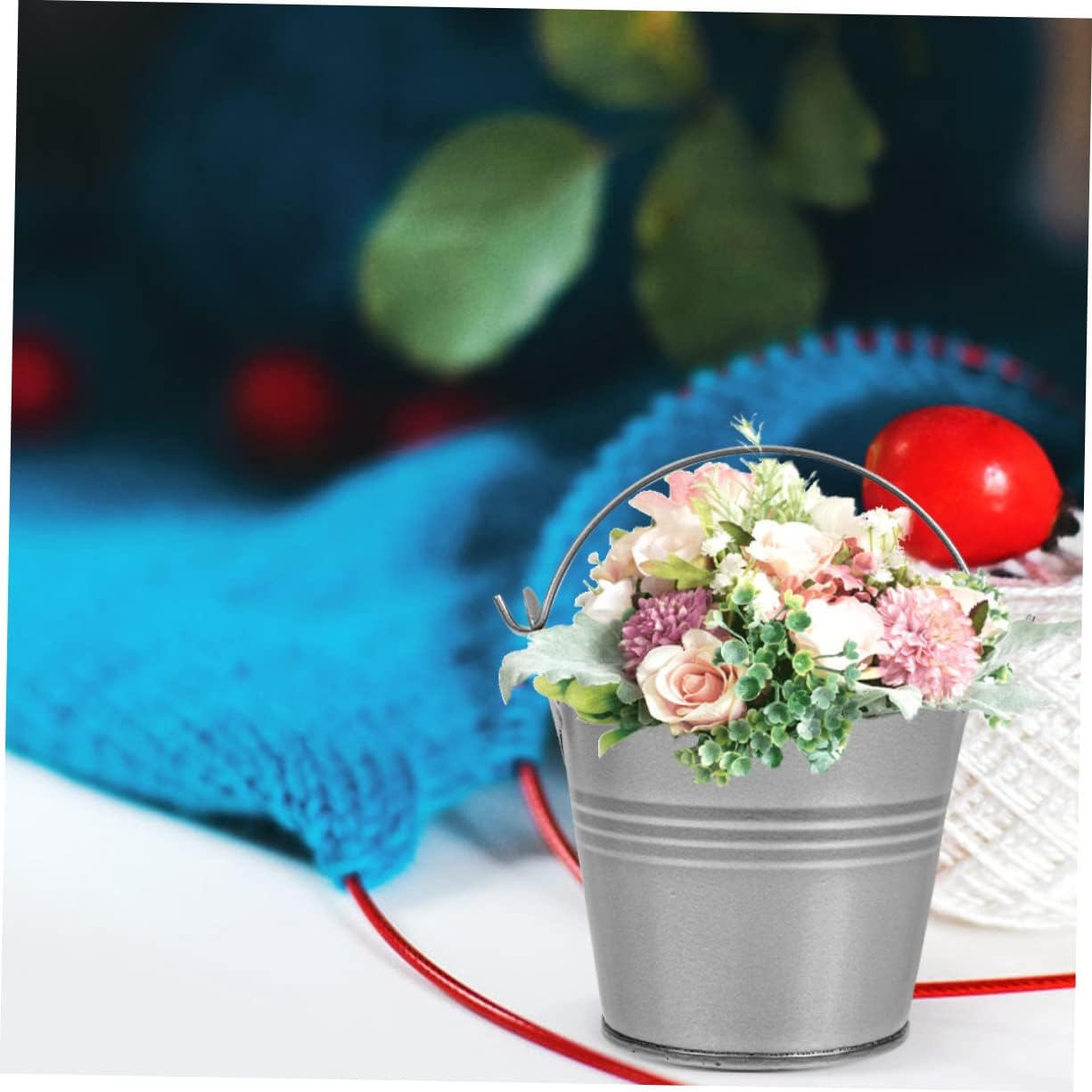 POPETPOP 5pcs Vintage Iron Flower Bucket Planter with Rustic Tin Handles for Home Decor