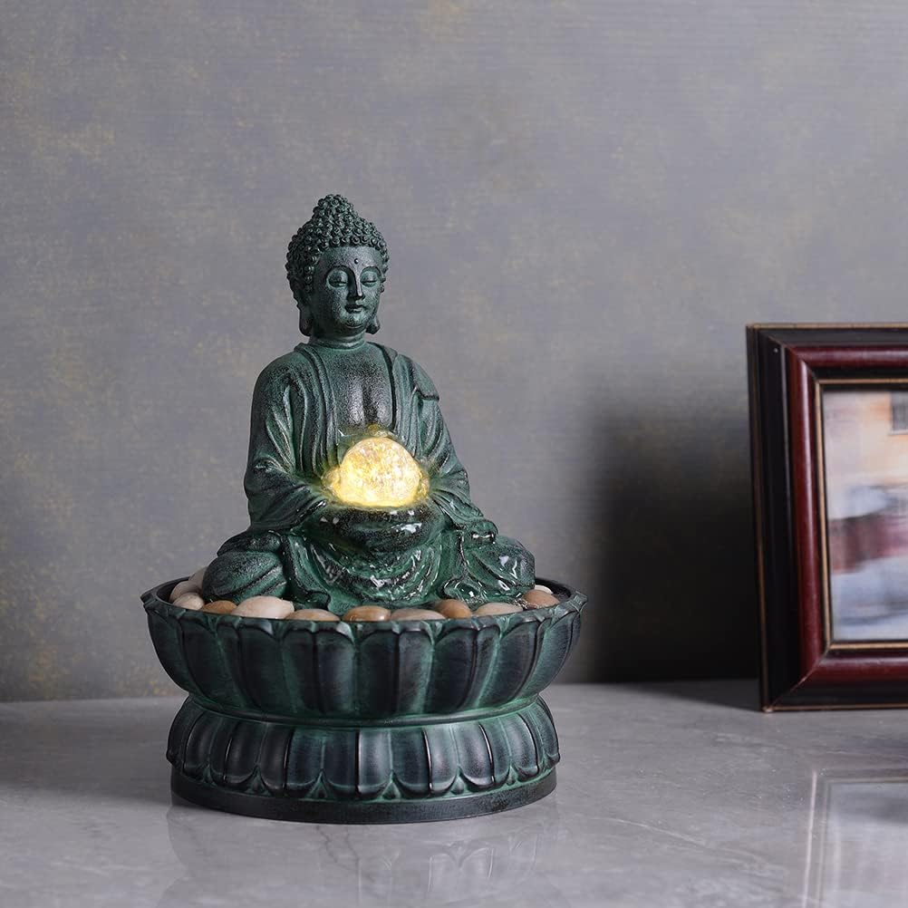Indoor Tabletop Zen Fountain Buddha Statue with LED Light and Glass Ball