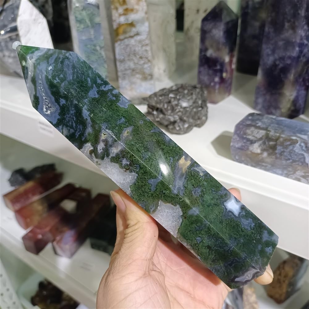KatLin Natural Water Grass Agate Stone Column for Energy Healing and Home Decor