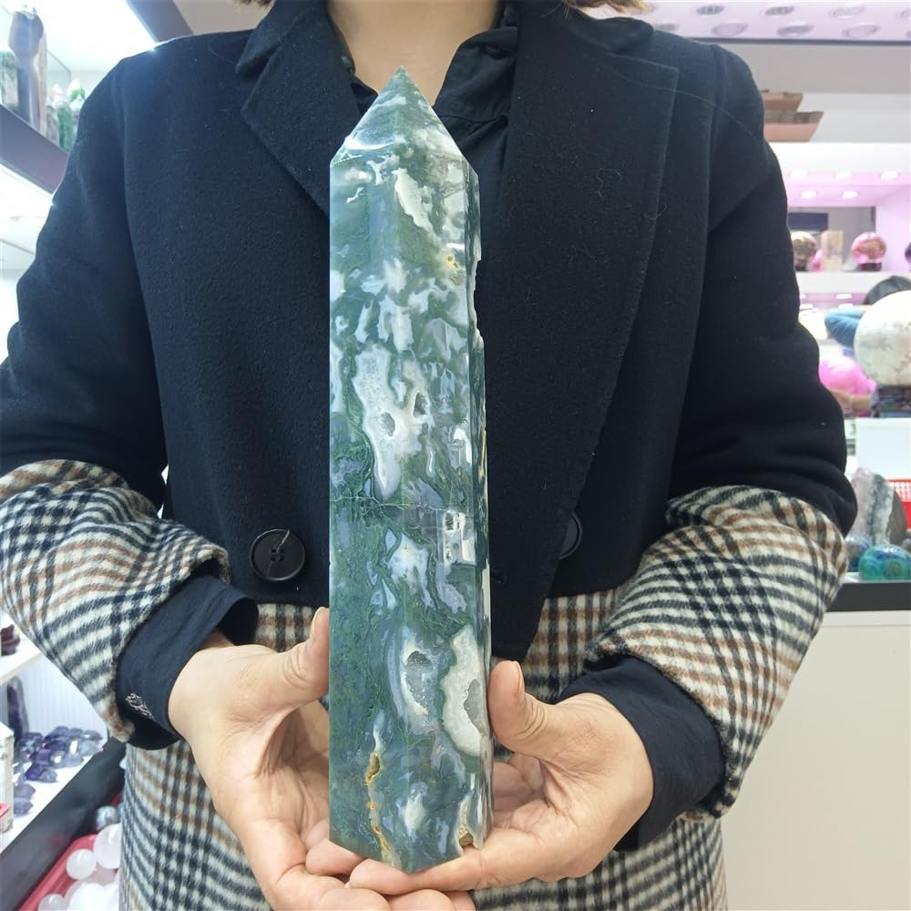 KatLin Natural Water Grass Agate Stone Column for Energy Healing and Home Decor