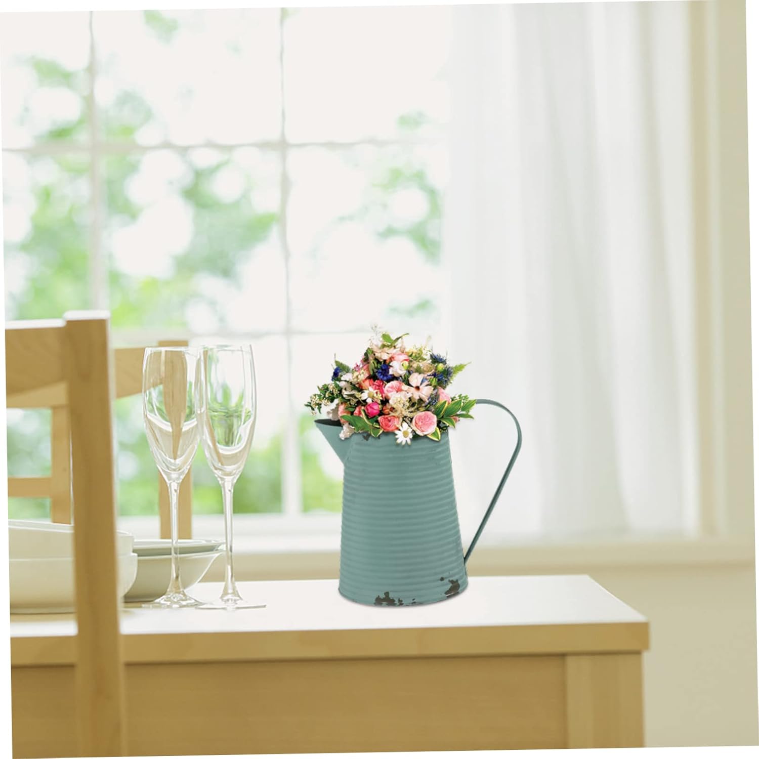 BESPORTBLE Vintage Style Iron Flower Pot Light Blue Pitcher Vase for Farmhouse Decor