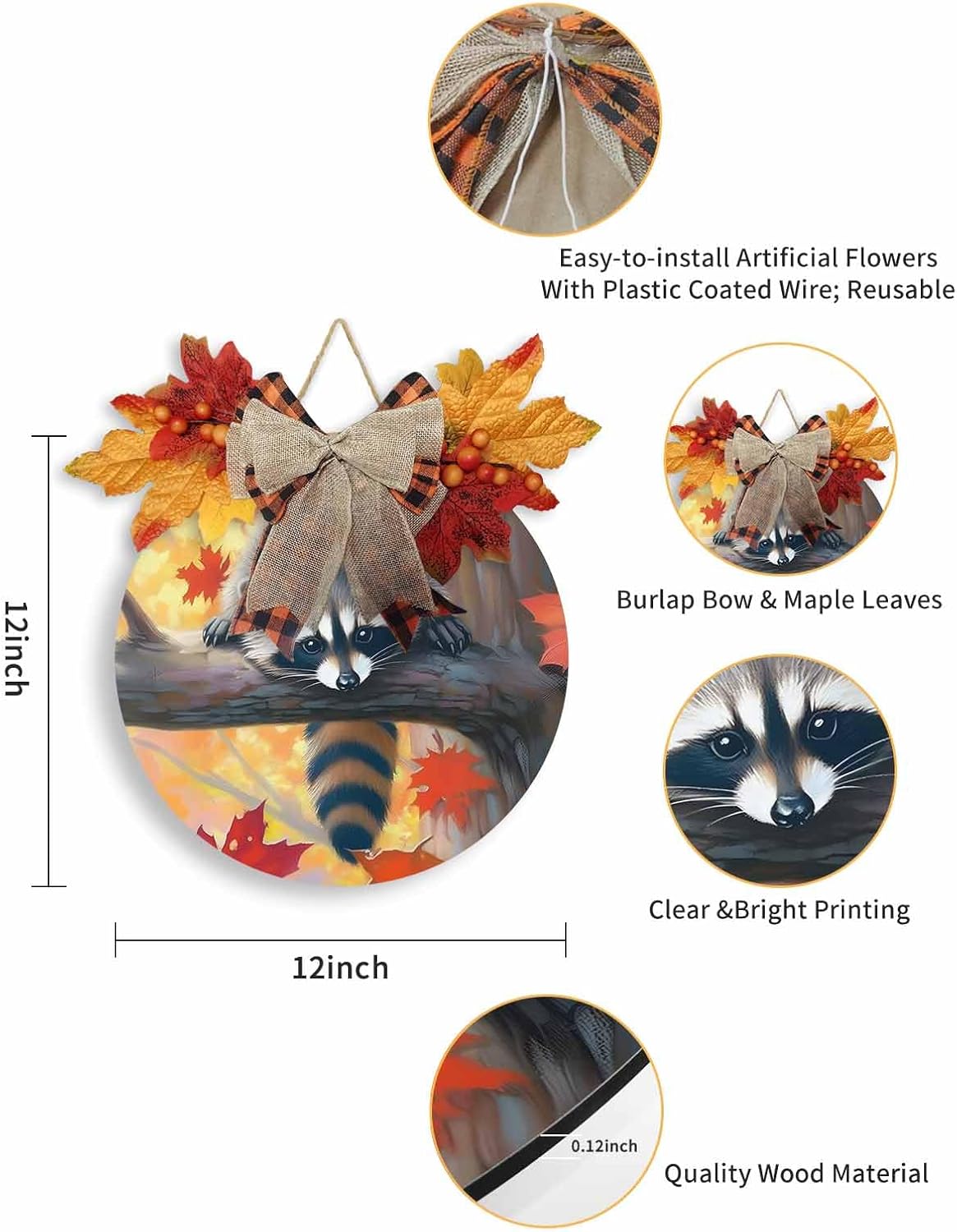 Welcome Sign Fall Thanksgiving Wreath Decor Raccoon Wood Round Door Sign