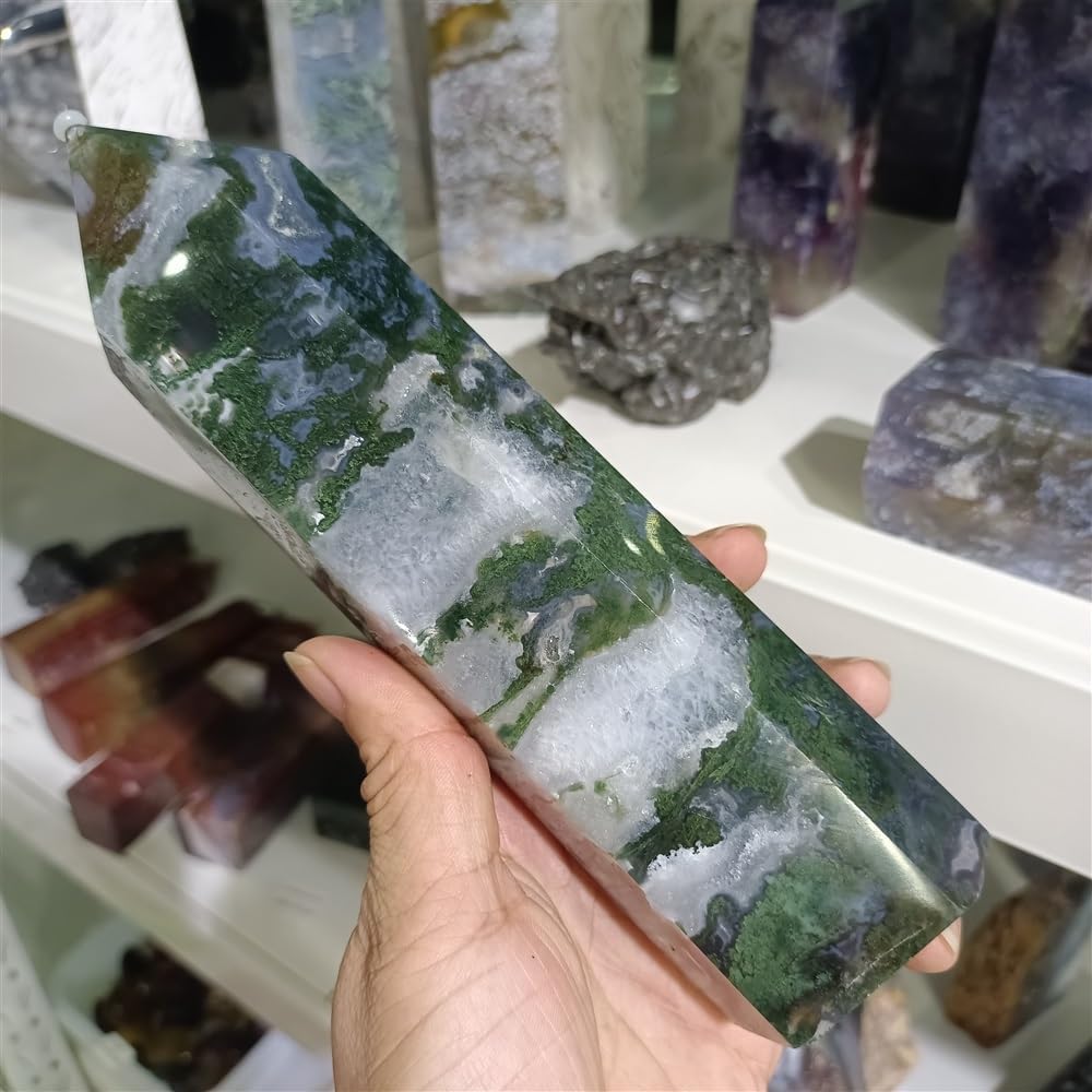 KatLin Natural Water Grass Agate Stone Column for Energy Healing and Home Decor