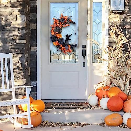 Elegant Halloween Cat Door Wreath with Black Cat and Purple Flowers