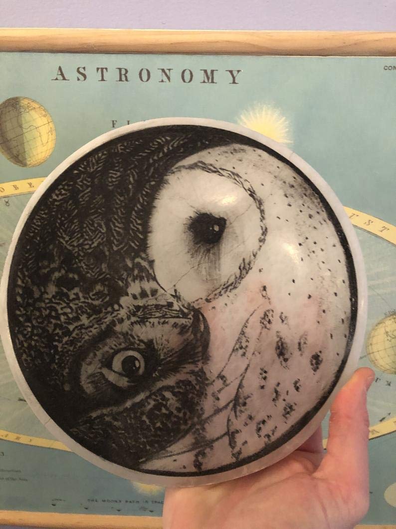 Etched Owl Yin Yang 8 Inch Selenite Charging Plate
