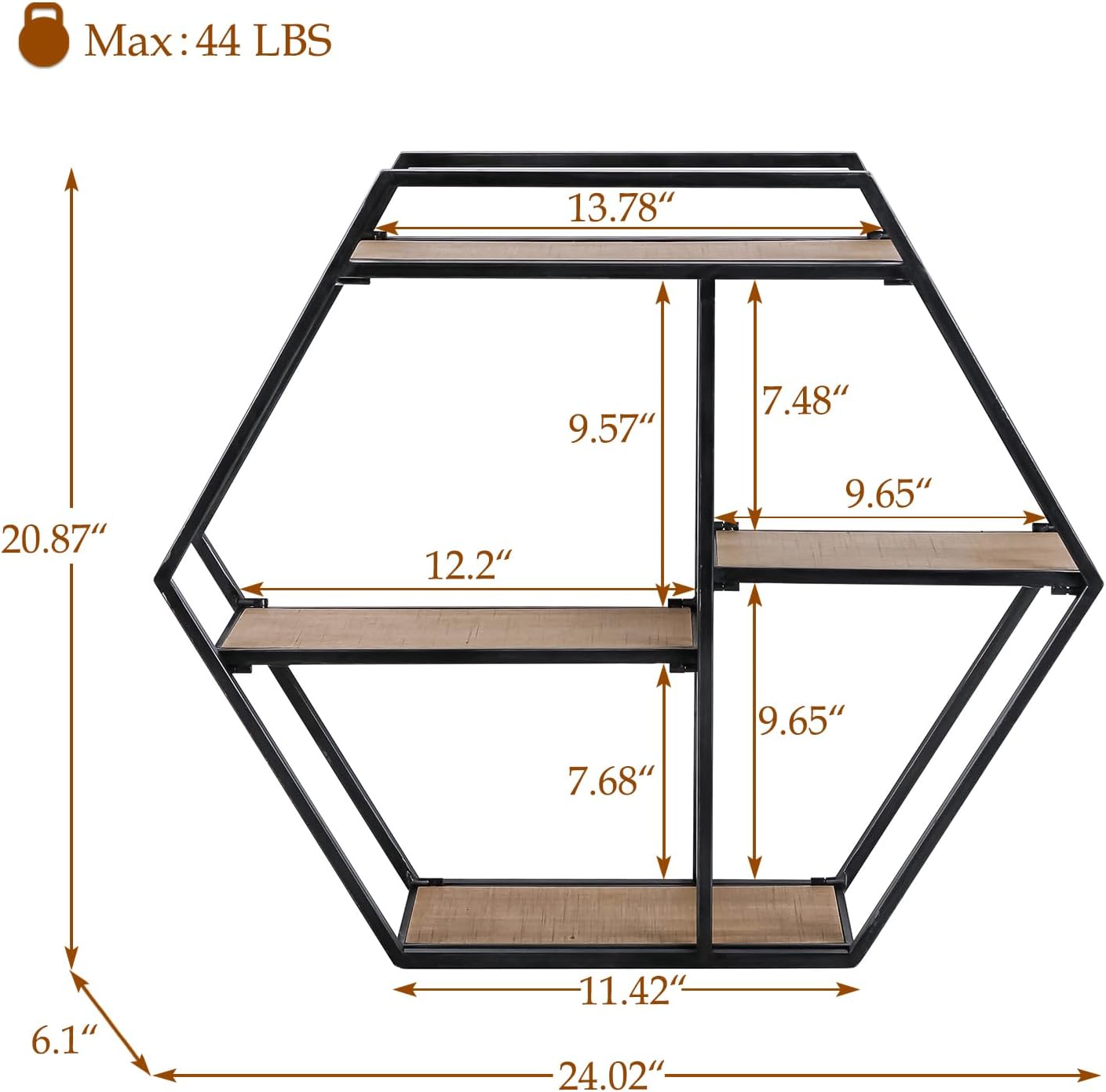 Industrial Style 3 Tier Hexagon Floating Shelf
