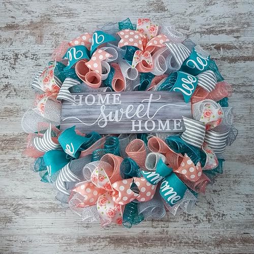 Home Sweet Home Wreath Coral Grey Turquoise Spring Everyday Door Wreath White Rustic