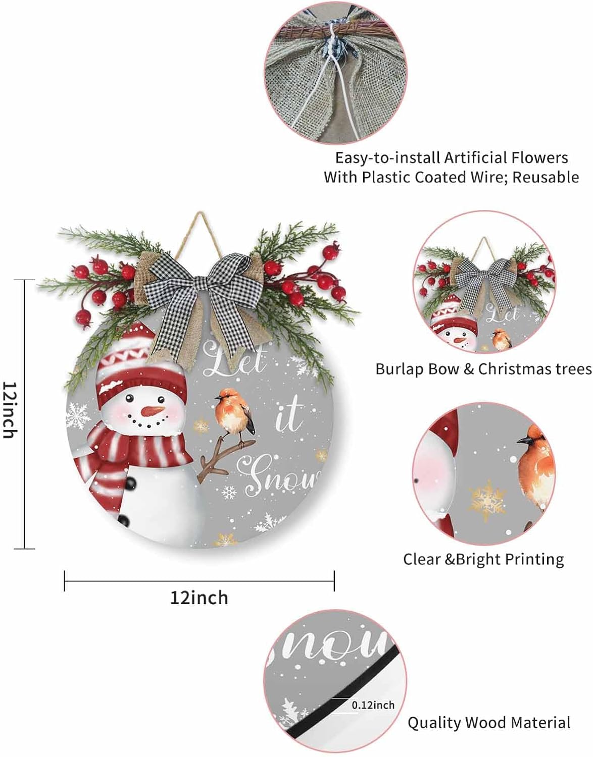 Welcome Sign Christmas Wreath Decorations Red Snowman Wood Sign