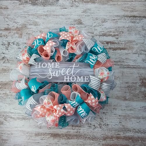 Home Sweet Home Wreath Coral Grey Turquoise Spring Everyday Door Wreath White Rustic