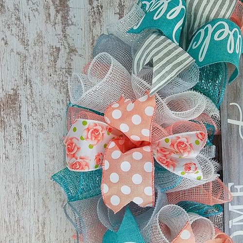 Home Sweet Home Wreath Coral Grey Turquoise Spring Everyday Door Wreath White Rustic
