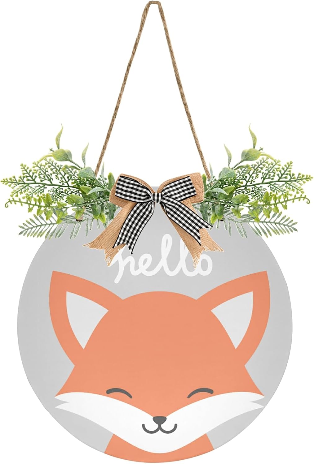 Cute Fox Door Wreath with Hello Welcome Sign for Front Porch Decorations