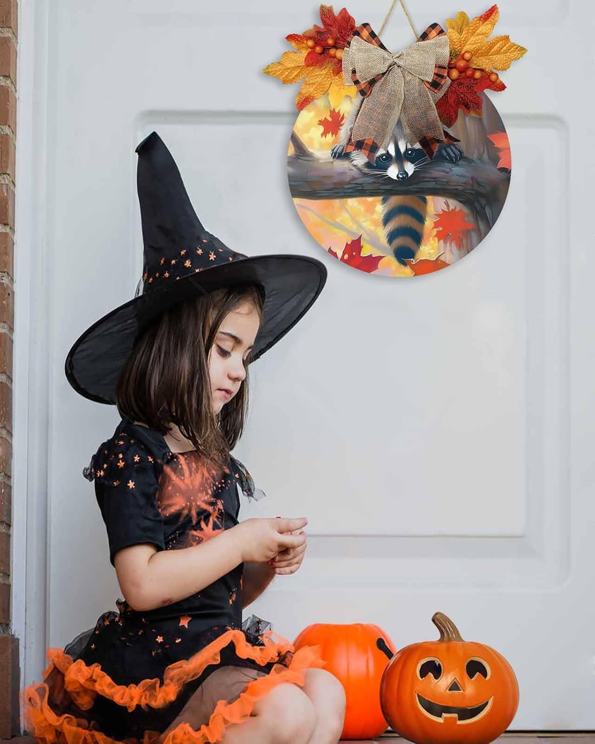 Welcome Sign Fall Thanksgiving Wreath Decor Raccoon Wood Round Door Sign