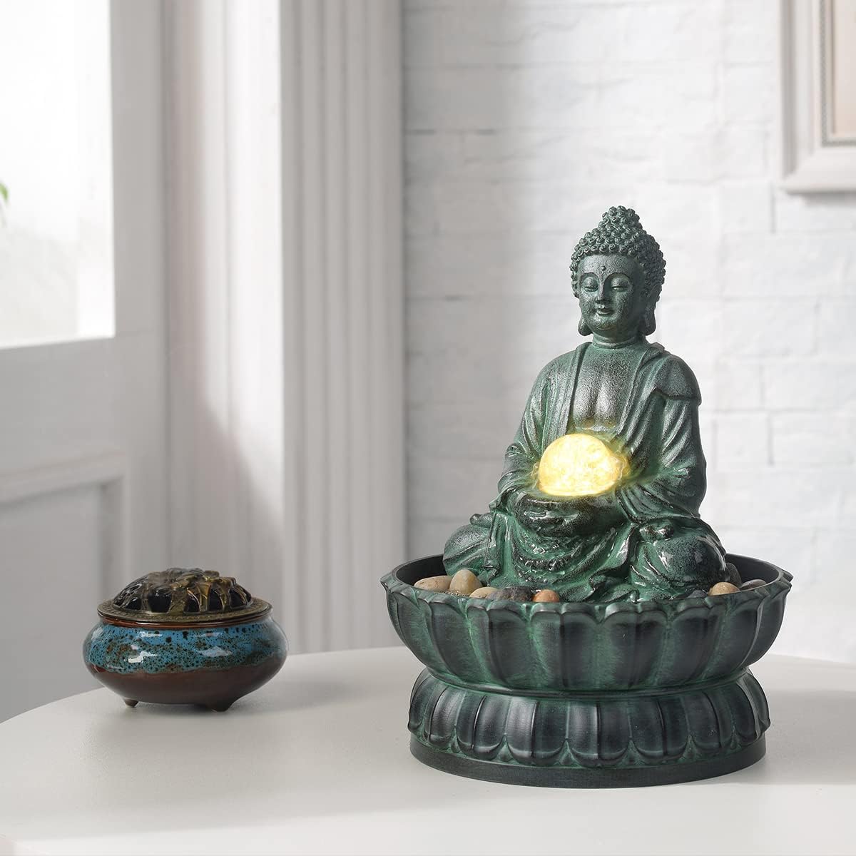 Indoor Tabletop Zen Fountain Buddha Statue with LED Light and Glass Ball