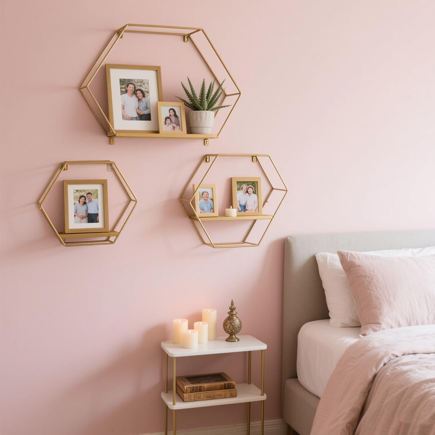 3 Piece Gold Hexagon Floating Shelves Set