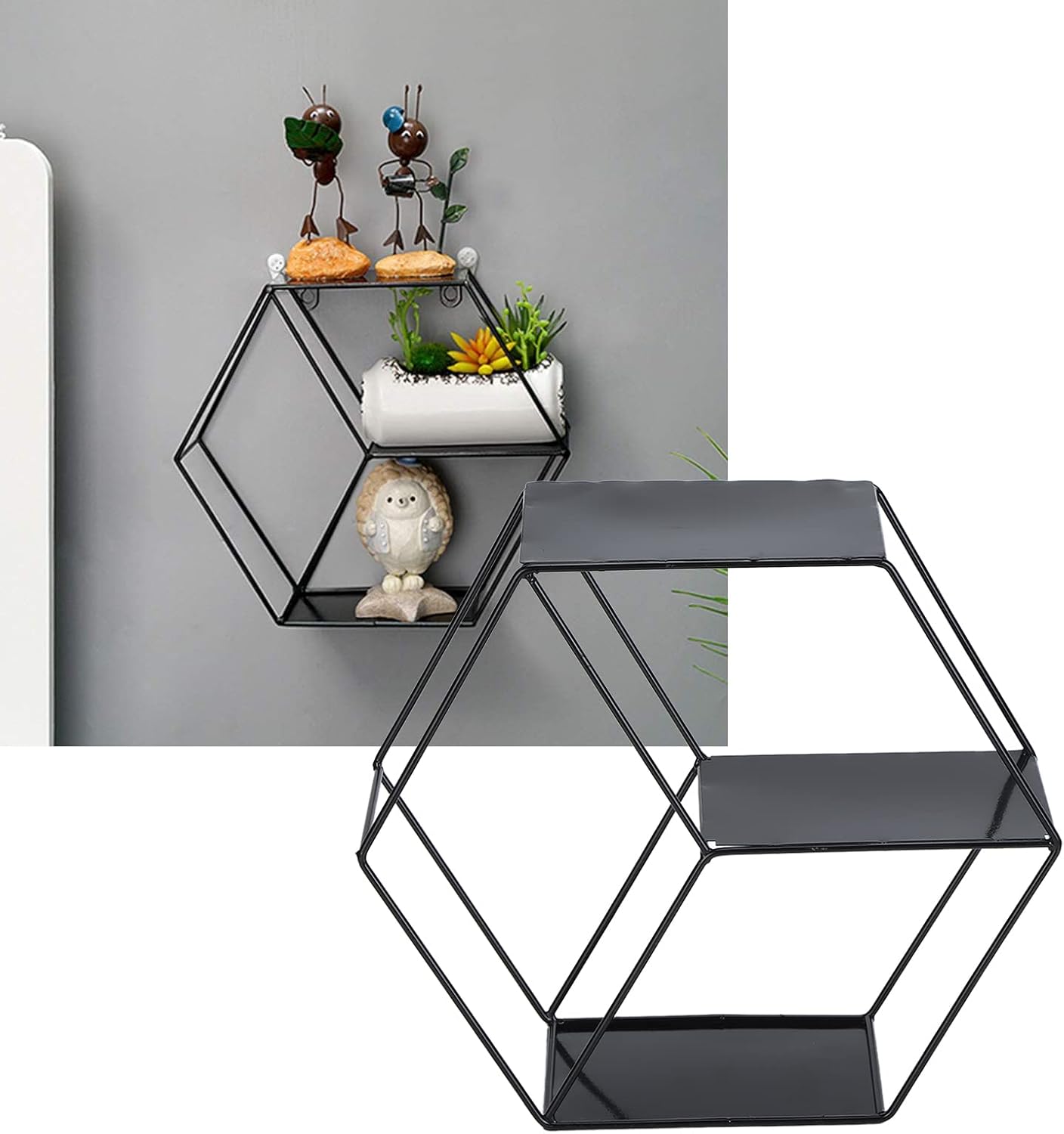 Hexagonal Floating Shelf Wall Decor with 2 Layers Black Metal