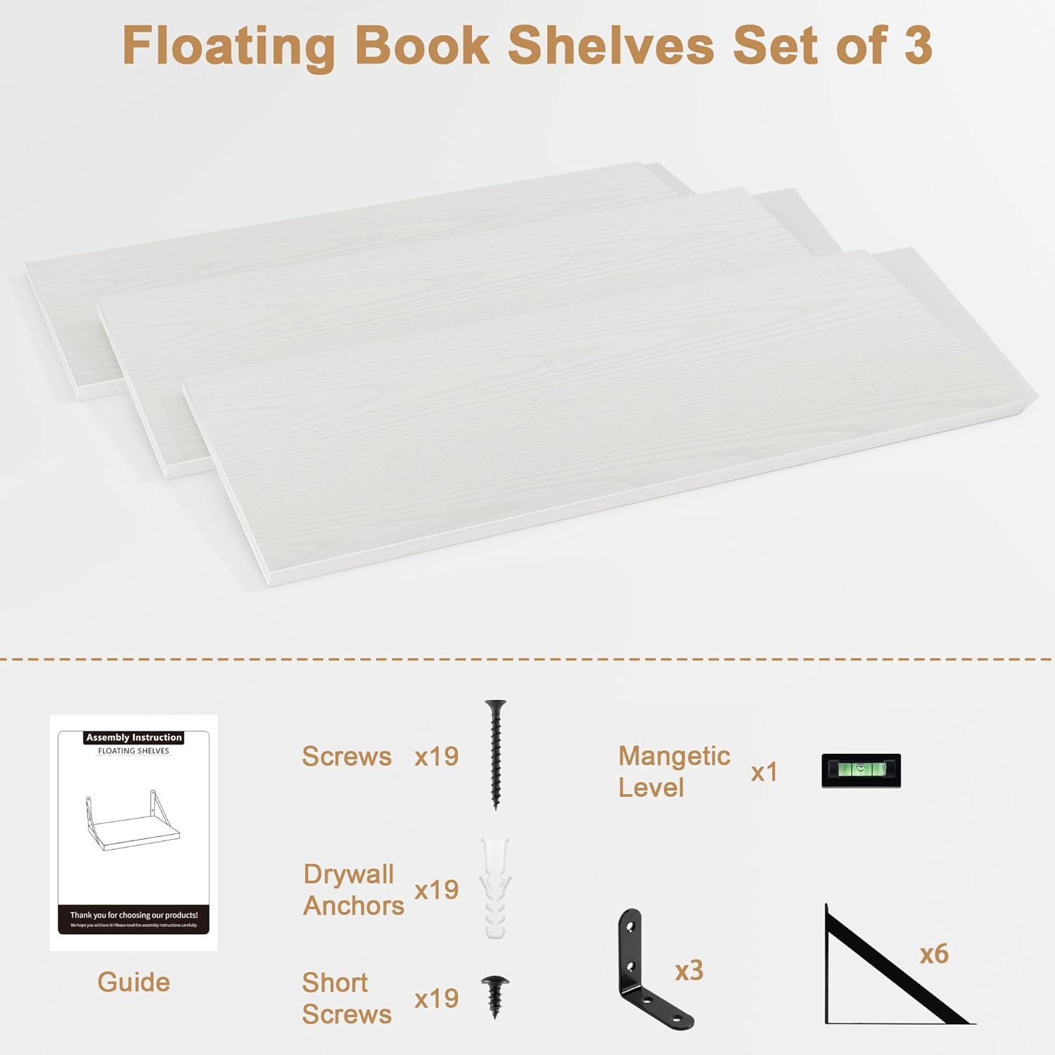 Fun Memories Floating Shelves Set of 3 White Wall-Mounted Bookshelves