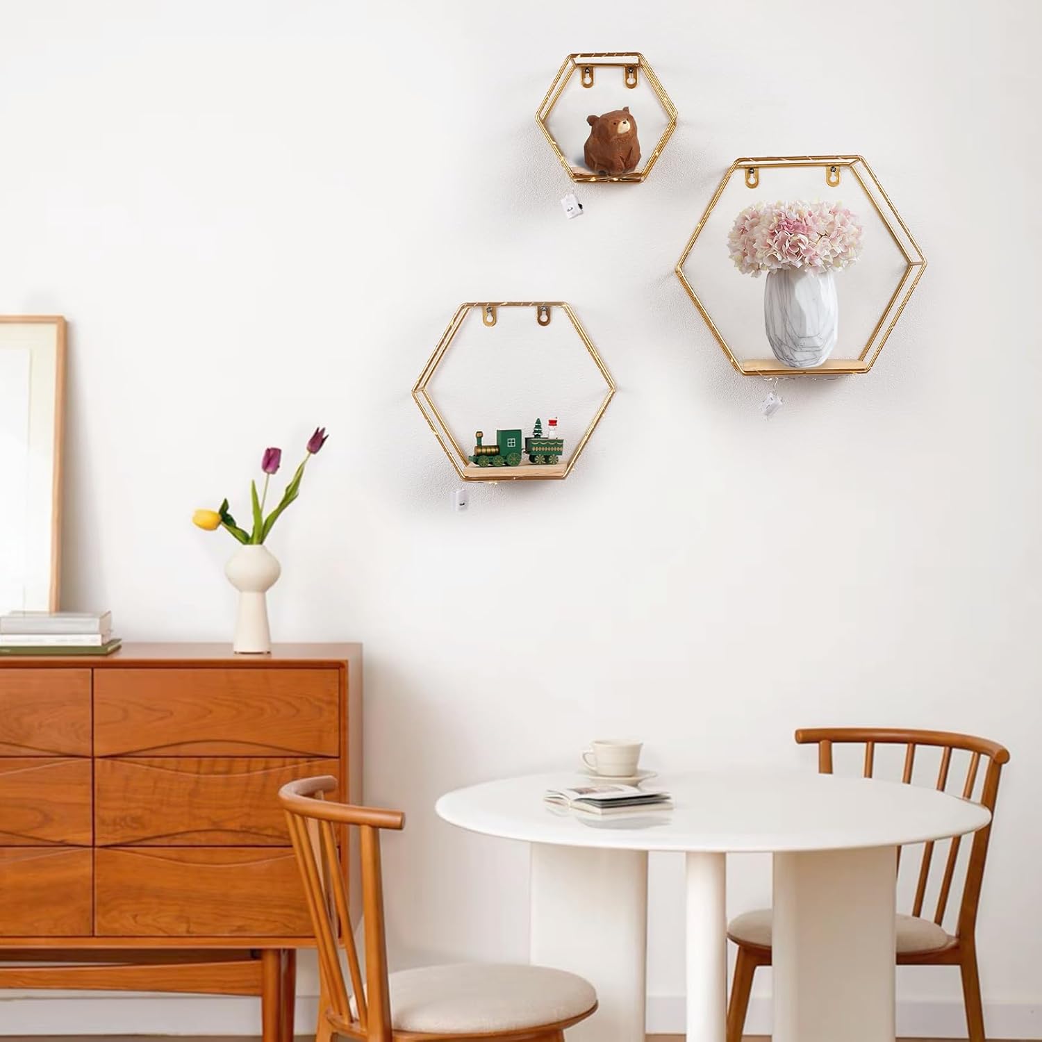 Ideal Swan Hexagon Floating Shelves with LED Lights - Gold