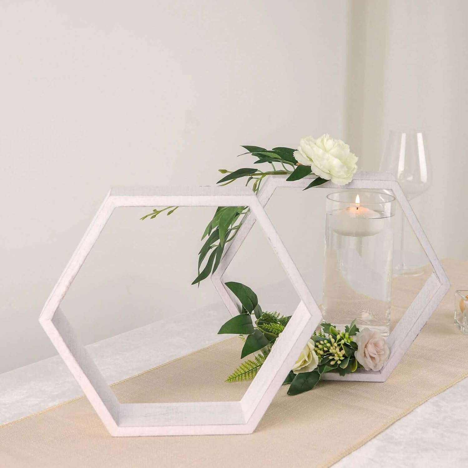 Efavormart 2 Pack 9 Inch Hexagon Whitewashed Wood Centerpiece