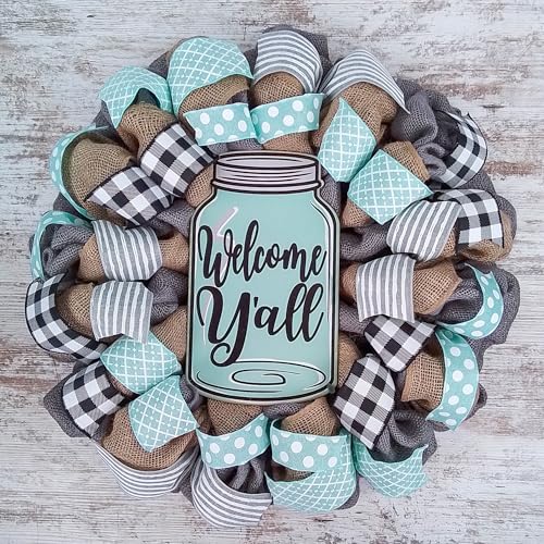 Welcome Yall Mason Jar Wreath with Grey Burlap